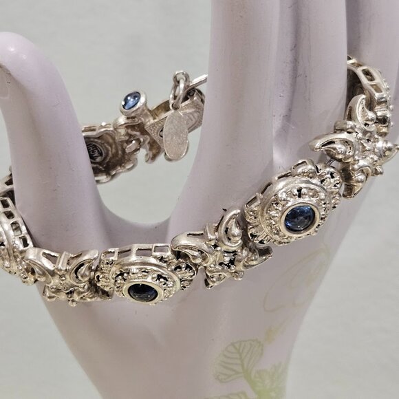 Vachi Sterling Silver Blue Stones Vintage Design Toggle Bracelet Signed - Picture 1 of 16